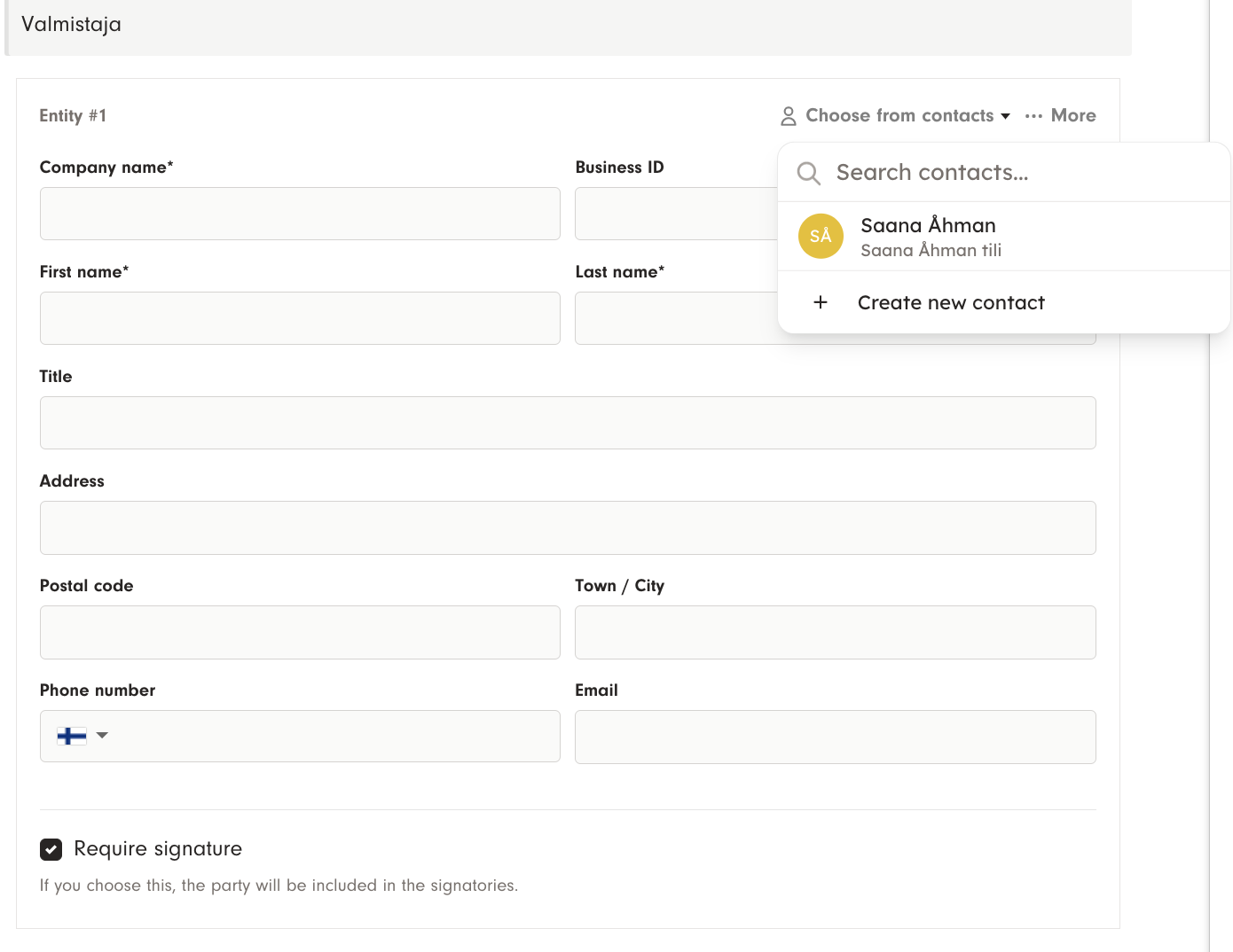 Screenshot 4: Contact information can also be added when preparing or signing documents. When you get to the view where the parties´ contact information i