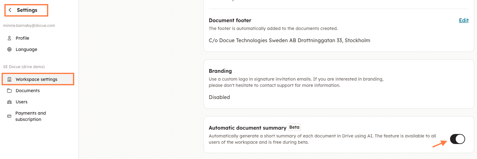 Screenshot 1: Activate Automatic Document Summary in Settings on your account