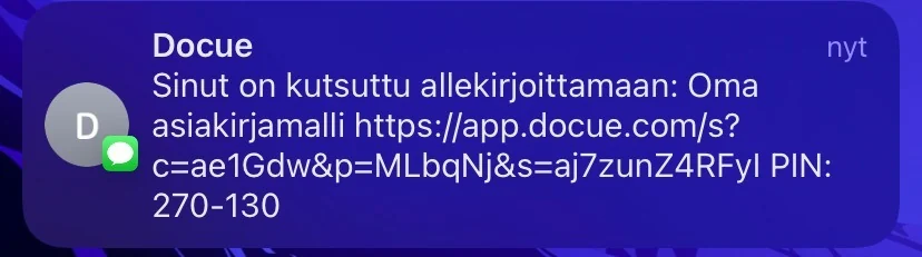 Kuvakaappaus 3: Tekstiviestikutsu: