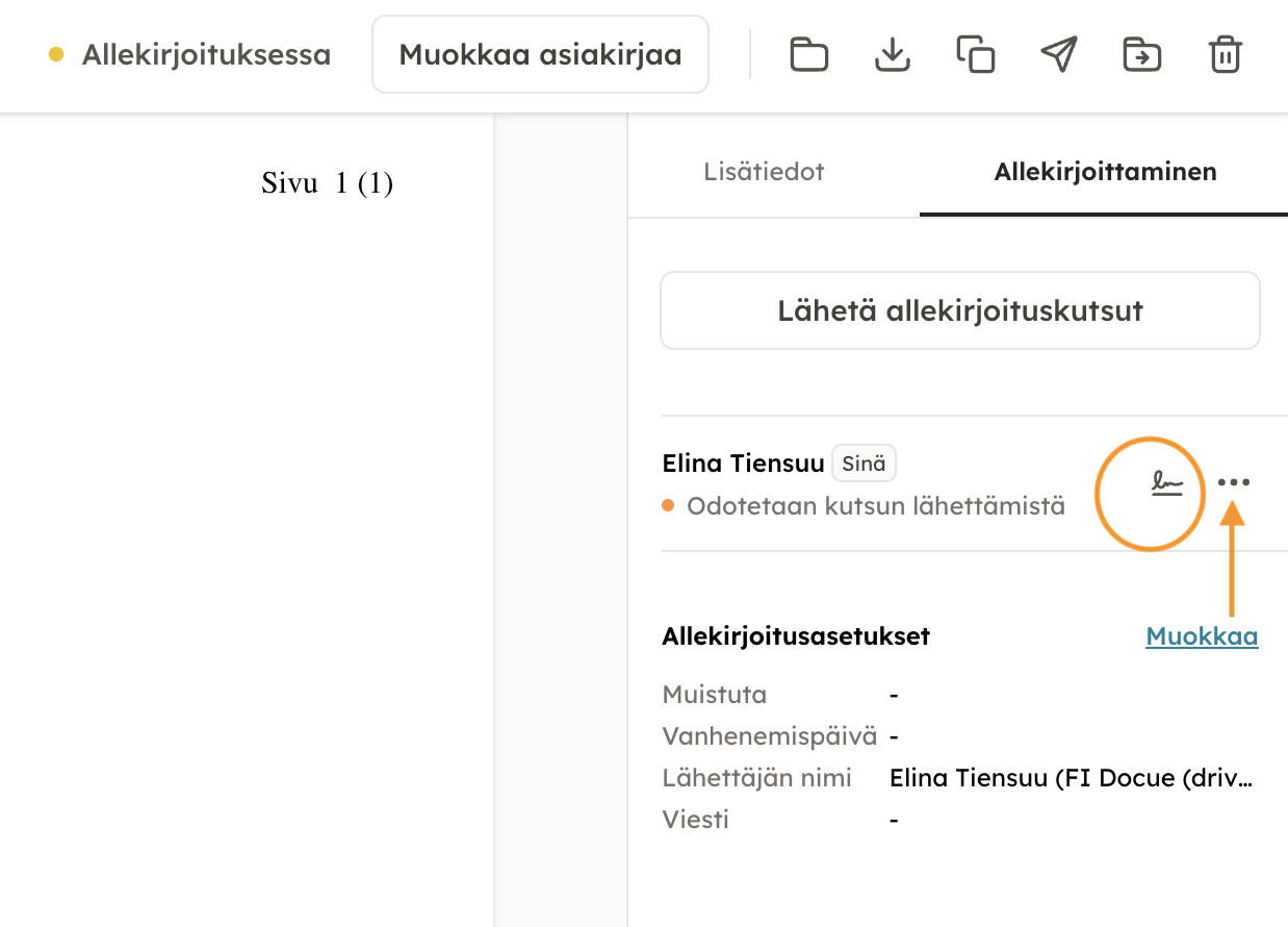 Kuvakaappaus 7: Mikäli olet itse laatinut asiakirjan, pääset siirtymään vahvaan tunnistautumismenetelmään nimesi vieressä olevaa allekirjoittamiskuvaketta k