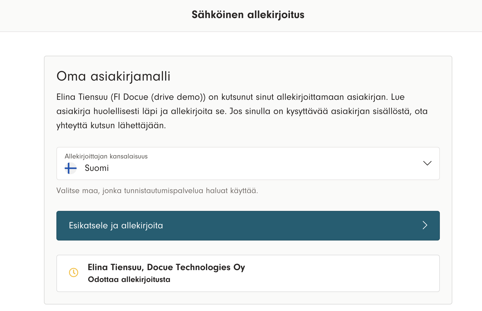 Kuvakaappaus 10: Vahva sähköinen tunnistautuminen onnistuu suomalaisten tai ruotsalaisten pankkitunnusten avulla. Valitse allekirjoittajan kansalaisuus ja si