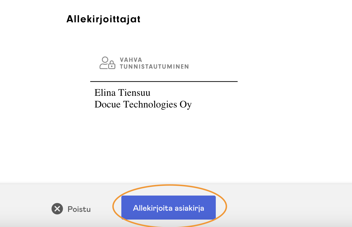 Kuvakaappaus 12: Tarkista asiakirja ja valitse Allekirjoita asiakirja, jolloin pääset siirtymään vahvaan tunnistautumismenetelmään.