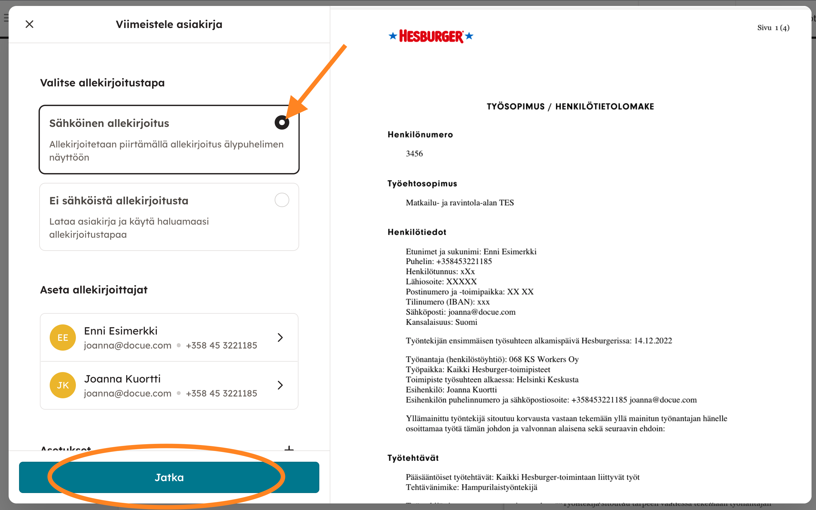 Kuvakaappaus 3: Vahvista allekirjoitustavan valinta "Jatka"-painikkeella.