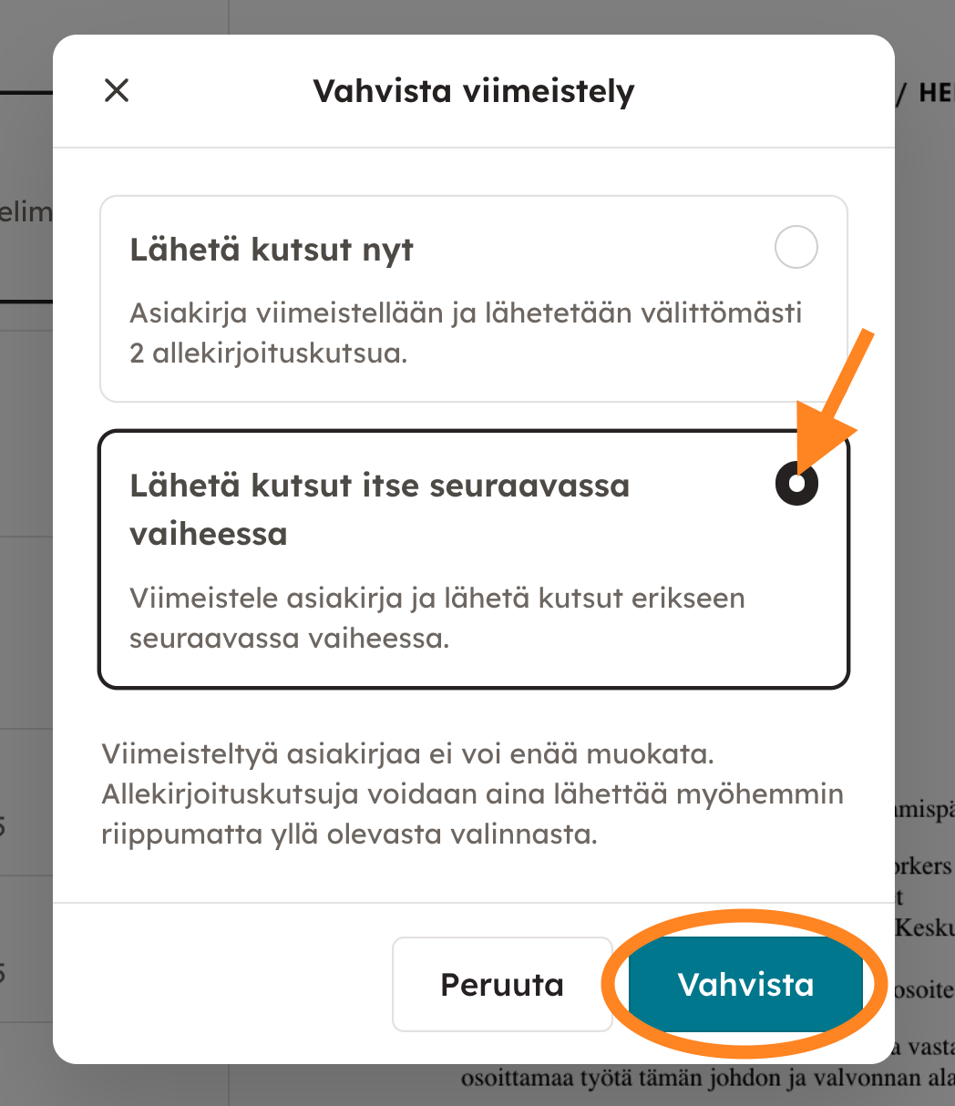 Kuvakaappaus 4: 3. Palvelu pyytää sinua nyt valitsemaan, haluatko allekirjoituskutsujen lähtevän heti molemmille osapuolille automaattisesti sähköpostilla j