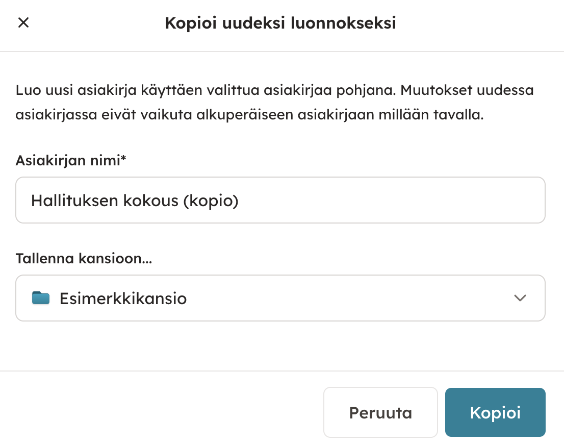 Kuvakaappaus 3: Pääset luomaan uuden asiakirjan vanhan asiakirjan pohjalta. Täytä asiakirjan nimi ja valitse, mihin kansioon haluat tallentaa sen.
