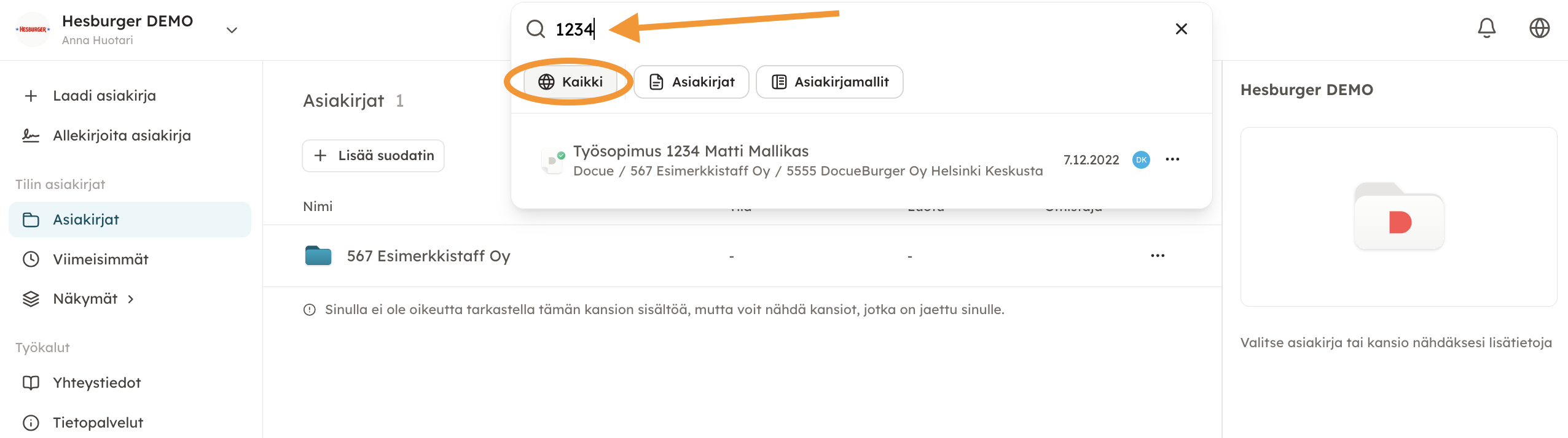 Kuvakaappaus 2: Järkevää on hyödyntää hakutoimintoa ja hakea työntekijän henkilönumerolla. Voit tarvittaessa rajata, missä tilassa olevat asiakirjat haluat 