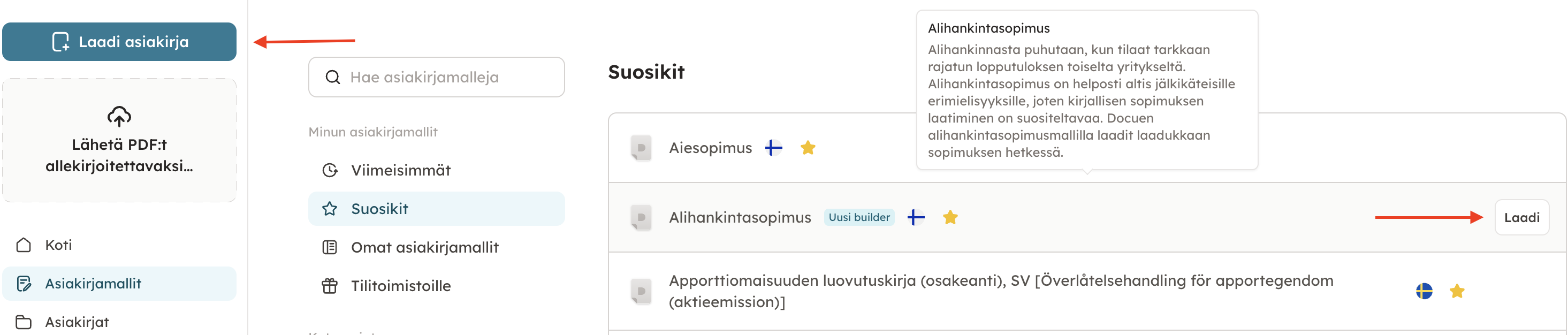Kuvakaappaus 1: Pääset aloittamaan asiakirjan laadinnan painamalla kohdasta Laadi asiakirja sivun vasemmasta yläkulmasta, tai siirtymällä kohtaan Asiakirjam