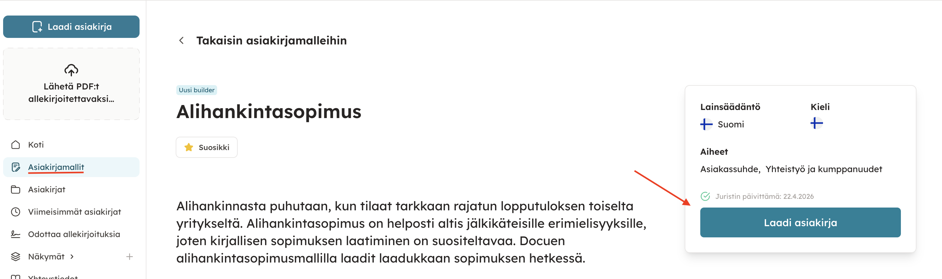 Kuvakaappaus 2: Voit aloittaa laatimisen myös avaamalla haluamasi asiakirjamallin ja painamalla oikeasta reunasta kohdasta Laadi asiakirja.