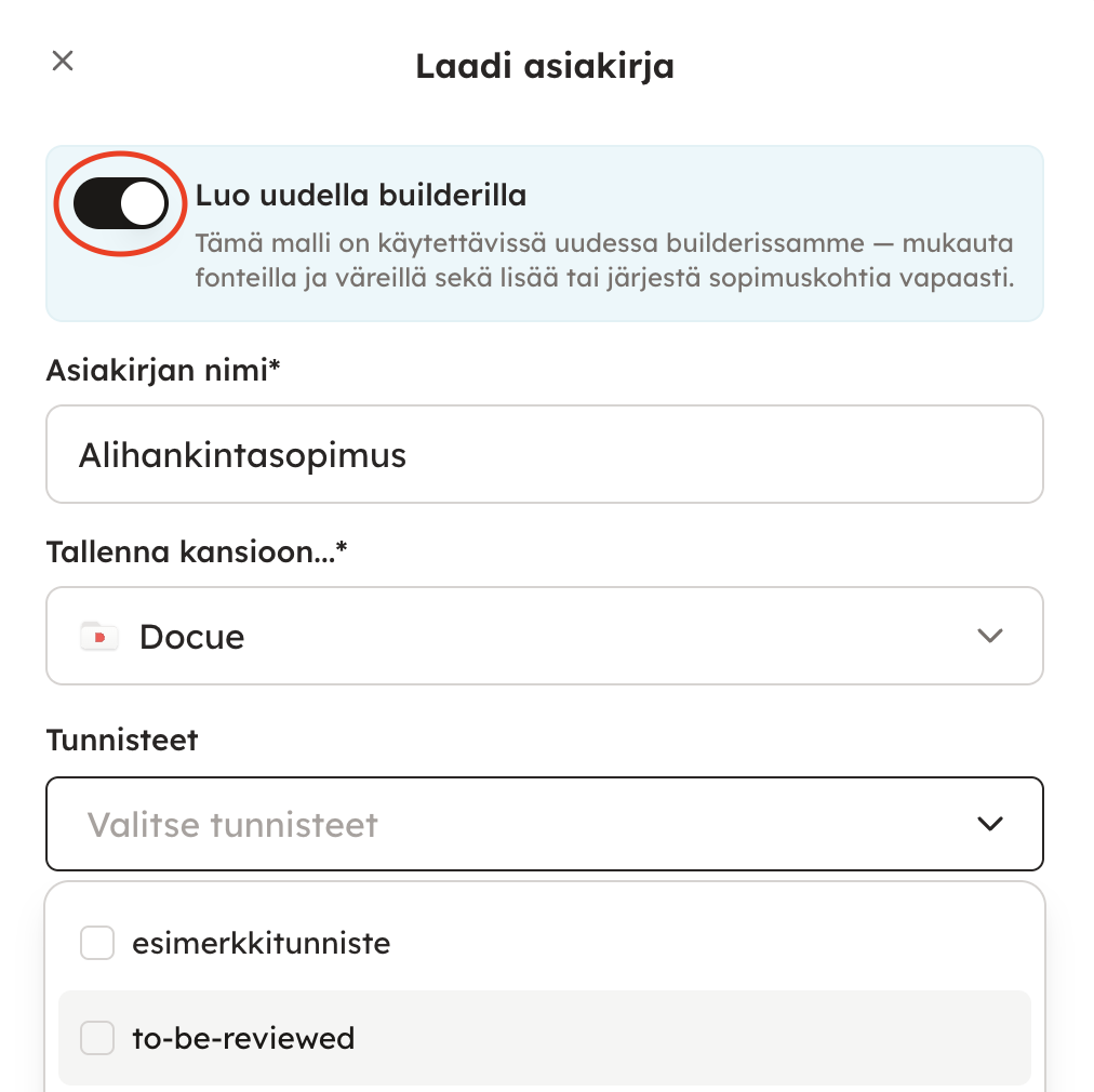 Kuvakaappaus 3: Seuraavaksi täytä asiakirjan perustiedot: