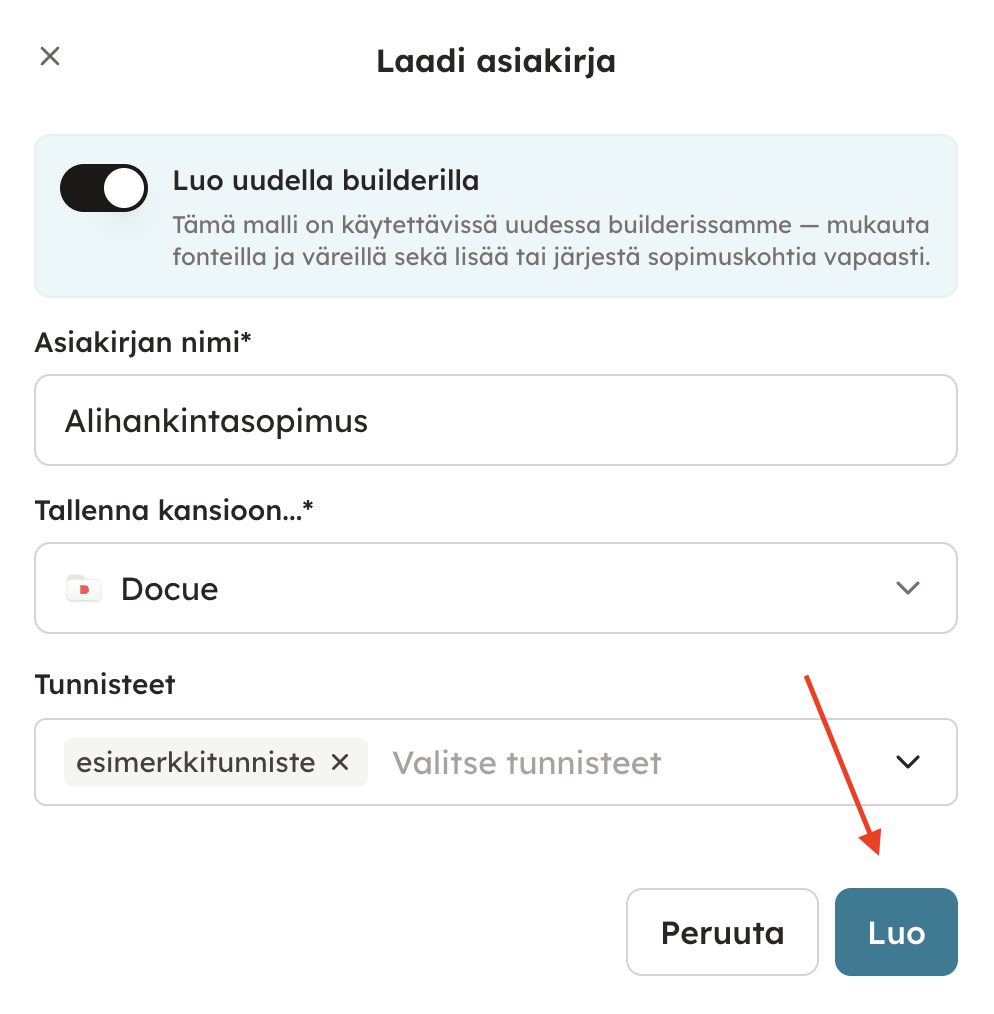 Kuvakaappaus 4: Perustietojen täyttämisen jälkeen siirry eteenpäin kohdasta Luo.