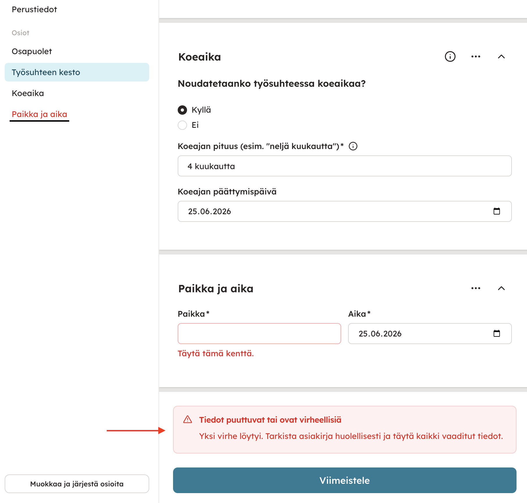 Kuvakaappaus 8: Puuttuvat tiedot ja virheet tunnistat seuraavasti: