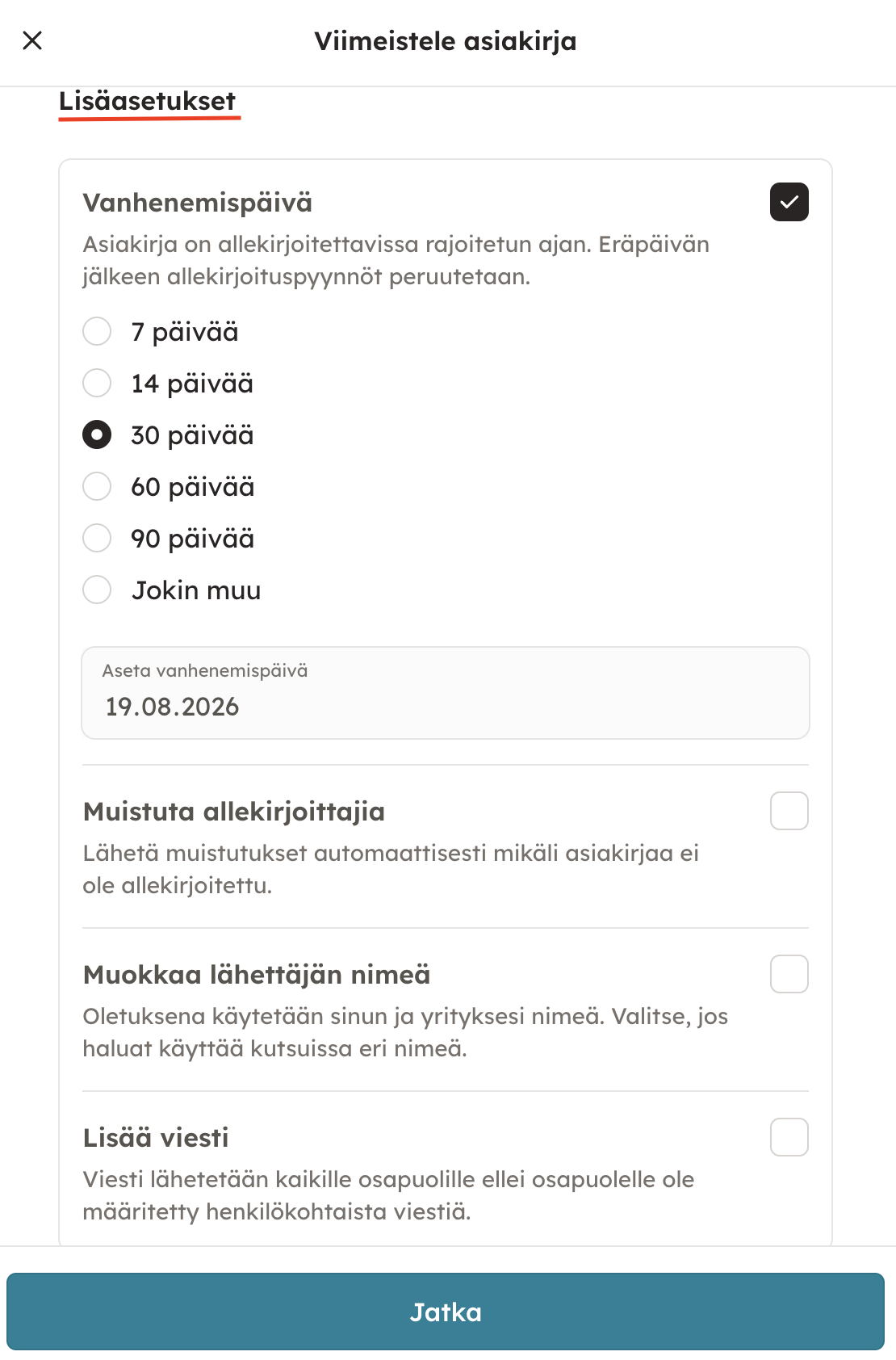 Kuvakaappaus 11: Aseta allekirjoittajat: Tarkista allekirjoittajien tiedot. Halutessasi voit kytkeä päälle Aseta allekirjoitusjärjestys -kytkimen, jolloin ku