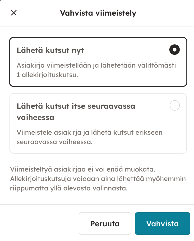 Kuvakaappaus 3: Allekirjoitustavan valinnan ja asetusten määrittämisen jälkeen pääset viimeistelemään asiakirjan valitsemalla lähetätkö kutsut heti vai manu