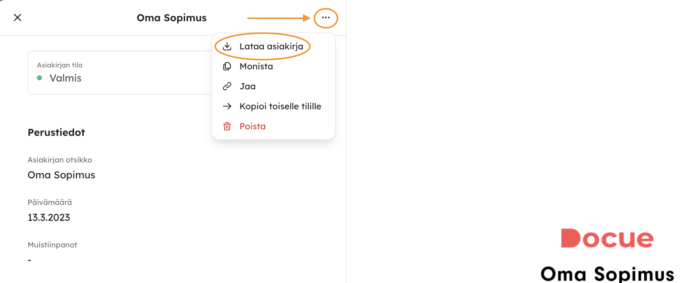 Kuvakaappaus 3: Siirry Kaikki asiakirjat -osioon ja paina asiakirjan kohdalla olevaa PDF-kuvaketta, tai asiakirjan arkistokortilta "Lataa asiakirja".