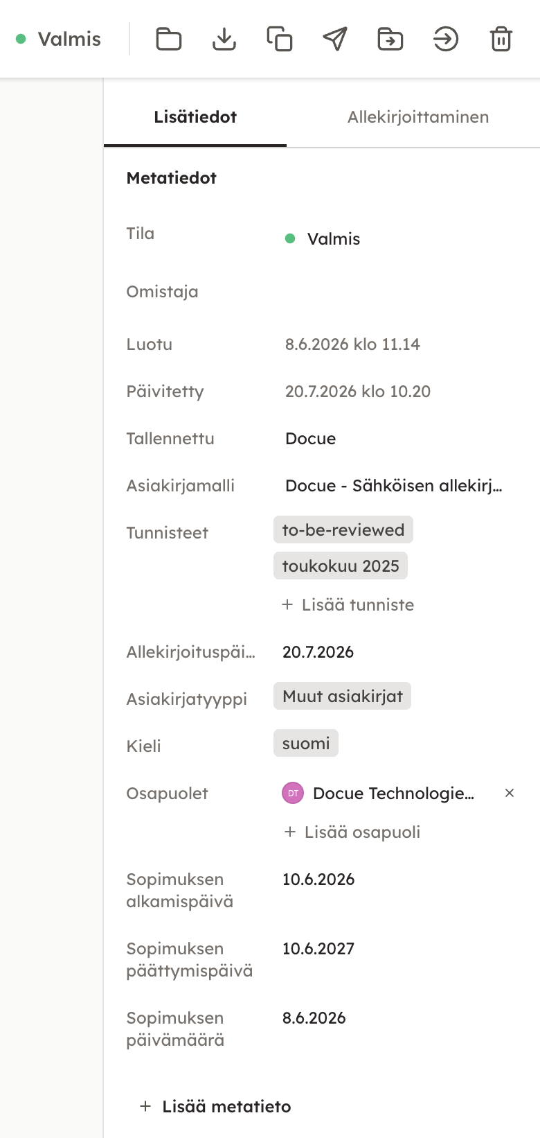 Kuvakaappaus 4: Metatietoihin lukeutuvat myös se, mitä asiakirjamallia sopimuksen laatimiseen on käytetty, tunnisteet, asiakirjan tyyppi, kieli, osapuolet j