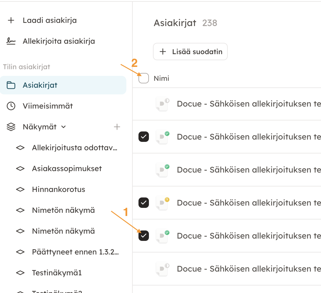 Kuvakaappaus 7: Voit valita joko yksitellen tietyt asiakirjat, joihin haluat tunnisteen. Sen saat tehtyä klikkaamalla asiakirjan nimen viereistä ruutua (1).