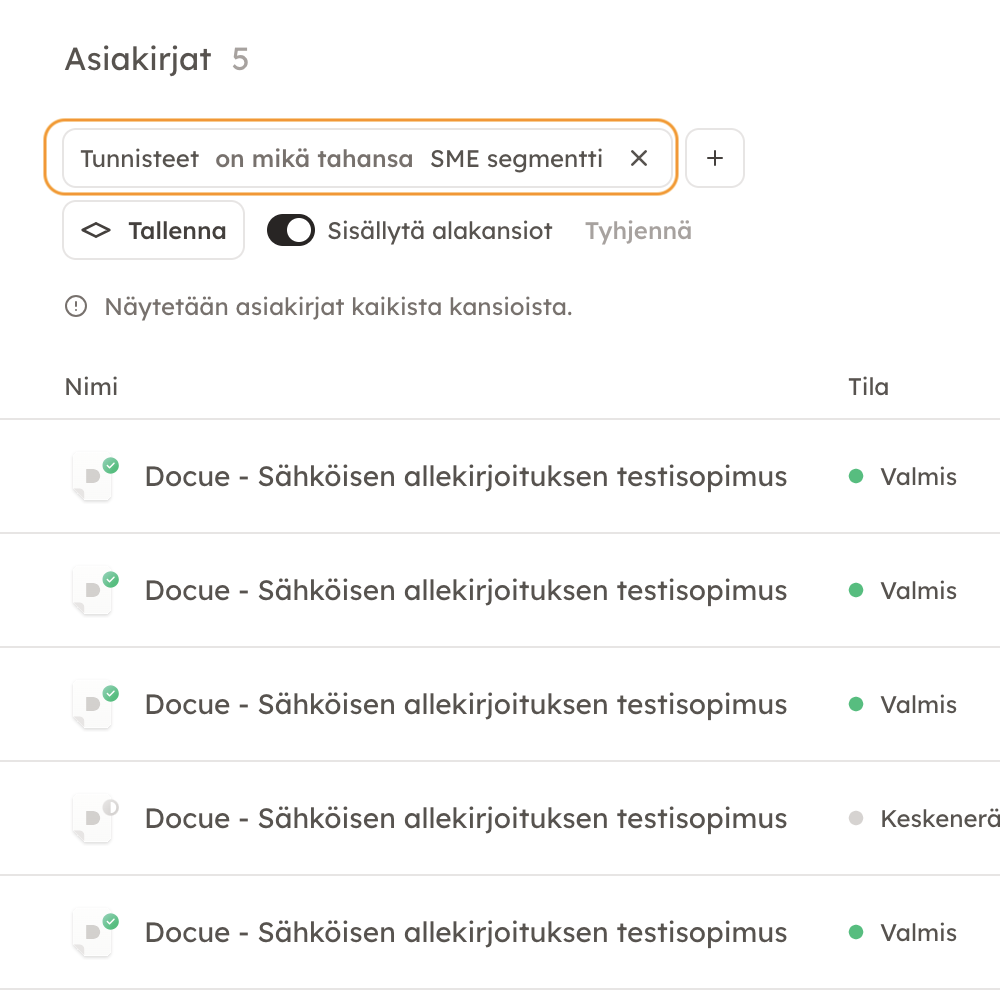 Kuvakaappaus 9: Tämän jälkeen saat yksinkertaistettua sopimustenhallintaasi suodattamalla suodattimien avulla kaikki asiakirjat, joissa on tietty tunniste.