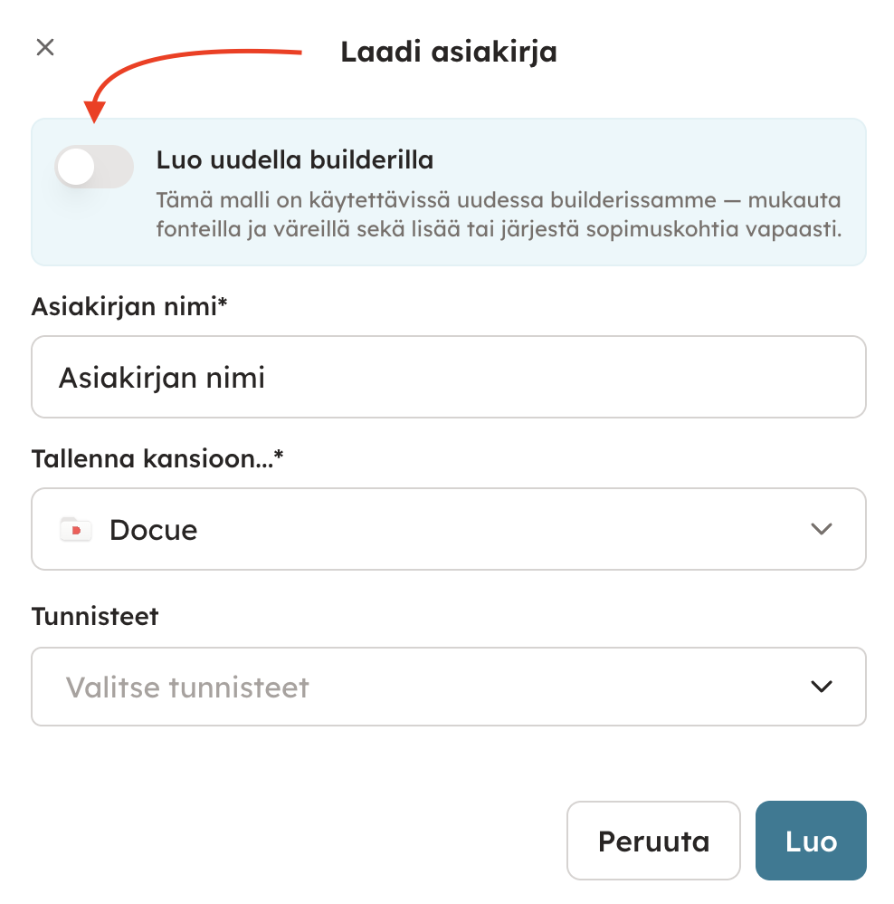 Kuvakaappaus 1: Huomioithan, että tällä hetkellä asiakirjaa voi muokata Editorilla vain silloin, kun se on luotu vanhemmalla laadintatyökalulla (valinta "Lu