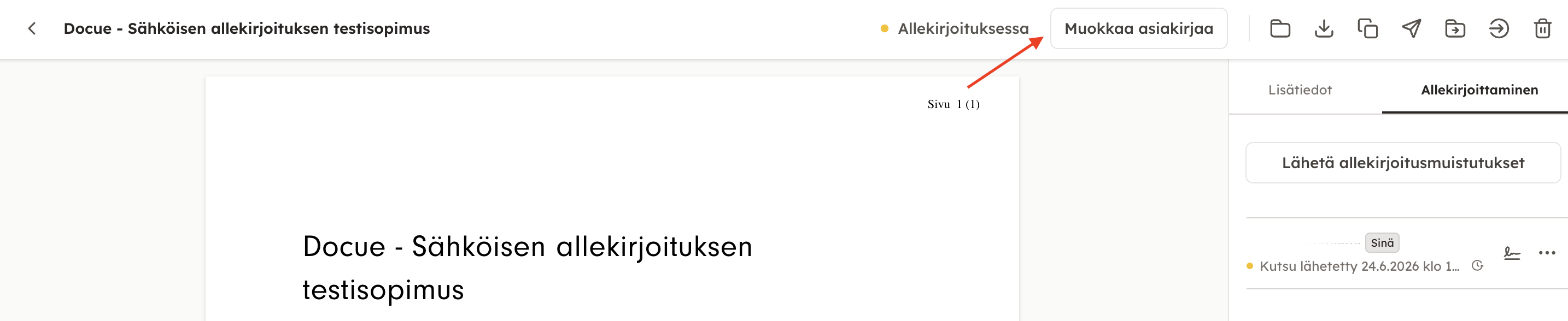 Kuvakaappaus 2: Pääset muokkaamaan allekirjoituksessa olevaa asiakirjaa avaamalla asiakirjan tiedot ja valitsemalla Muokkaa asiakirjaa: