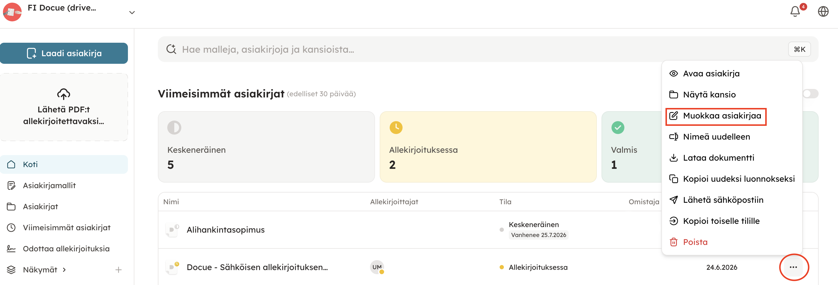 Kuvakaappaus 3: Pääset muokkaamaan allekirjoituksessa olevaa asiakirjaa myös avaamalla asiakirjan tiedot kolmesta pisteestä asiakirjan kohdalta oikealta: