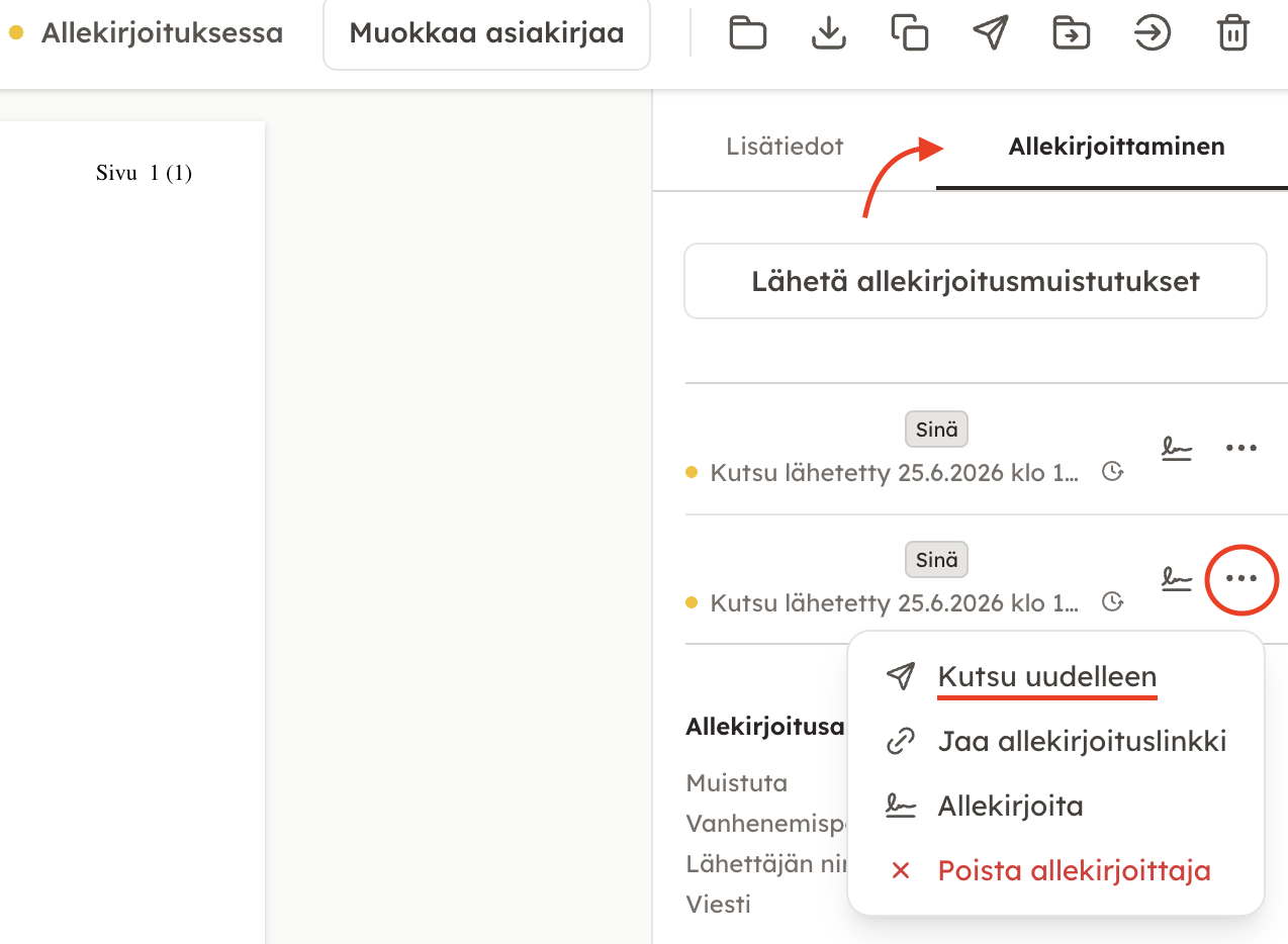 Kuvakaappaus 4: HUOM! Tämä toiminto ei muuta mahdollisia yhteystietoja varsinaisessa asiakirjassa.