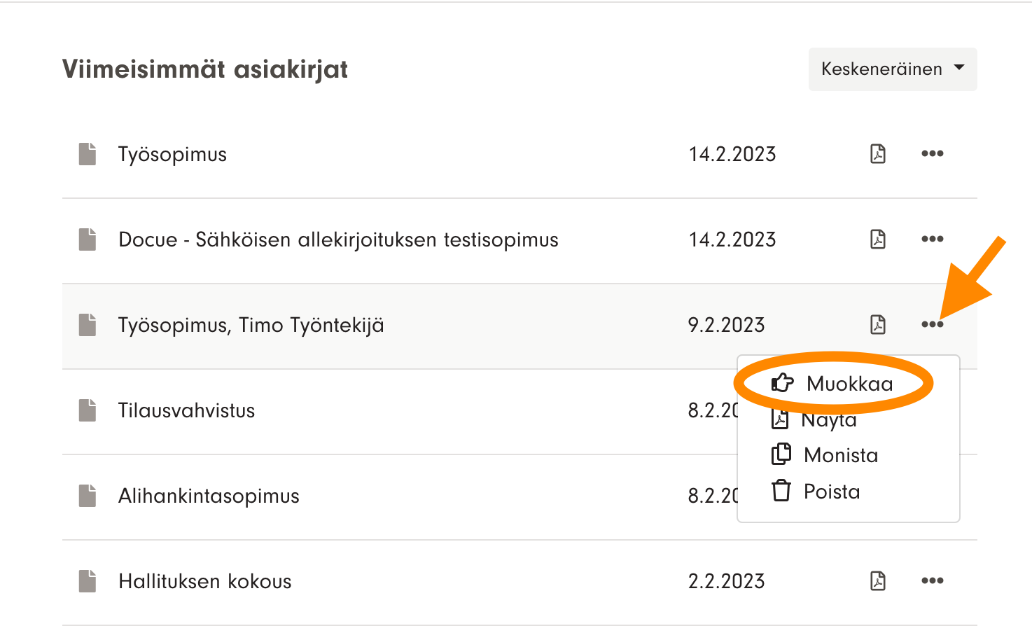 Kuvakaappaus 5: Pääset muokkaamaan keskeneräistä asiakirjaa painamalla arkistossa asiakirjan nimen perässä olevaa kolmea pistettä ja valitsemalla sitten ”Mu