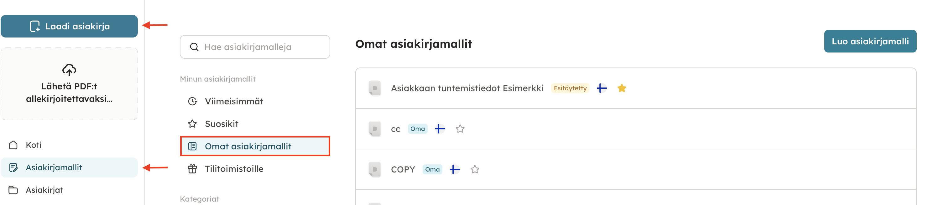 Kuvakaappaus 4: Löydät tallennetun asiakirjamallin, kun valitset Laadi asiakirja tai Asiakirjamallit, ja avaat Omat asiakirjamallit.