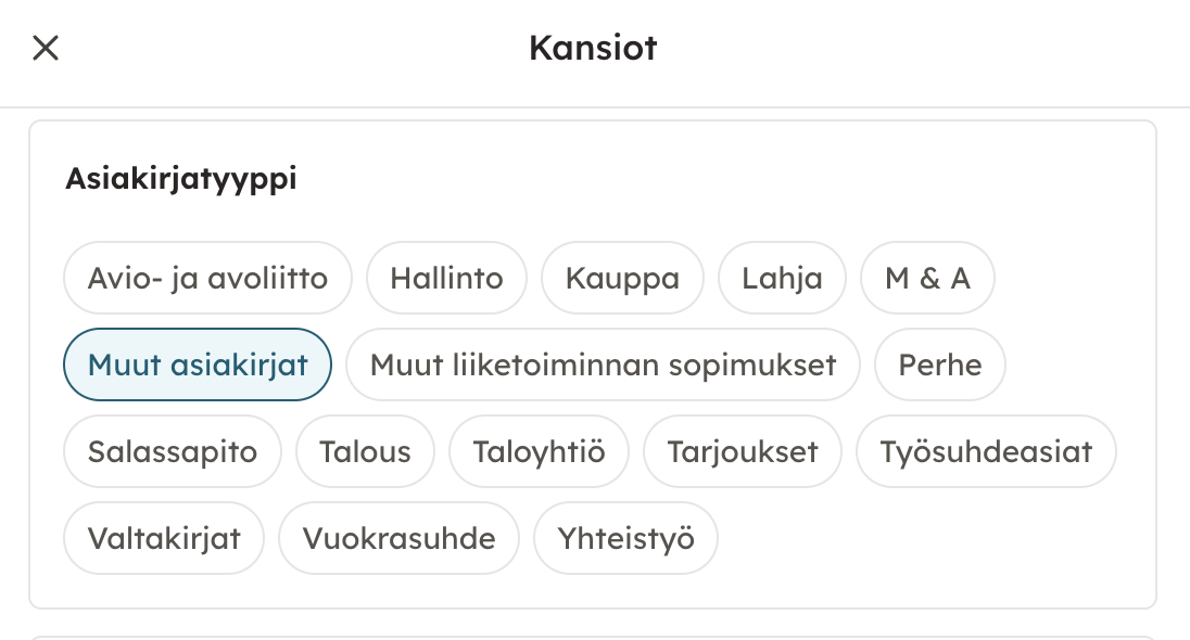 Kuvakaappaus 2: Jokainen Docuen palvelussa laadittu asiakirja arkistoituu oletuksena vähintään yhteen alla olevista asiakirjatyyppikansioista: