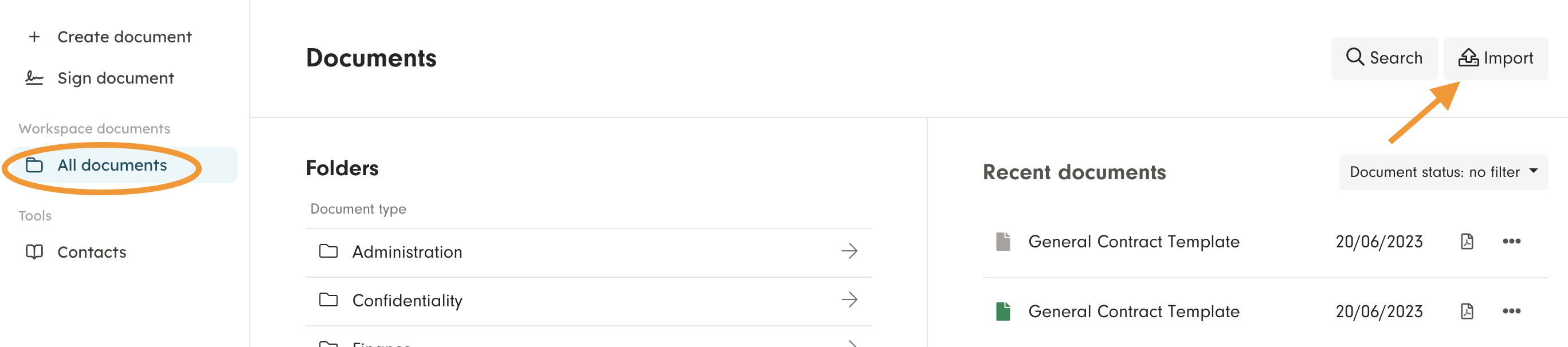 Screenshot 1: In addition to documents and contracts created in the service, you can also archive your own PDF-files to your Docue archive by clicking the