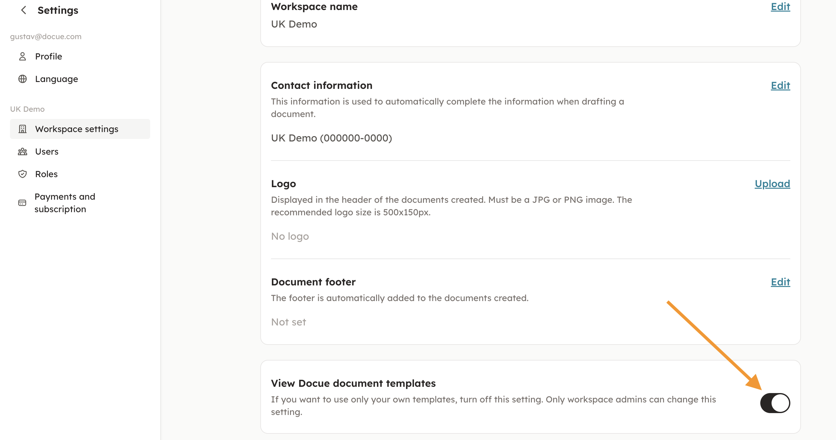 Screenshot 1: If you want, you can limit the visibility of completed documents. If you just want to use your own templates, you can disable the Docue temp