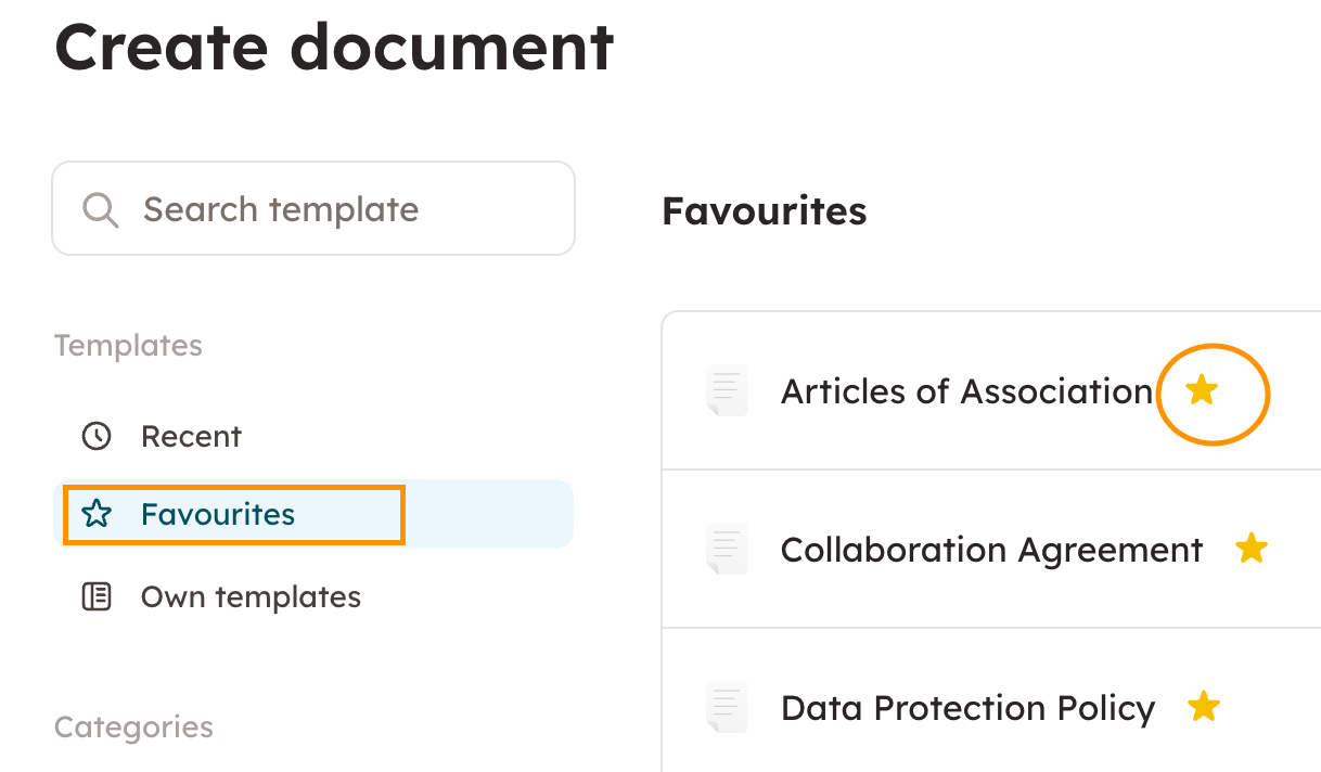 Screenshot 2: Once the Docue templates are hidden, only the star marked and own saved templates are visible.You can add a template to favourites by markin