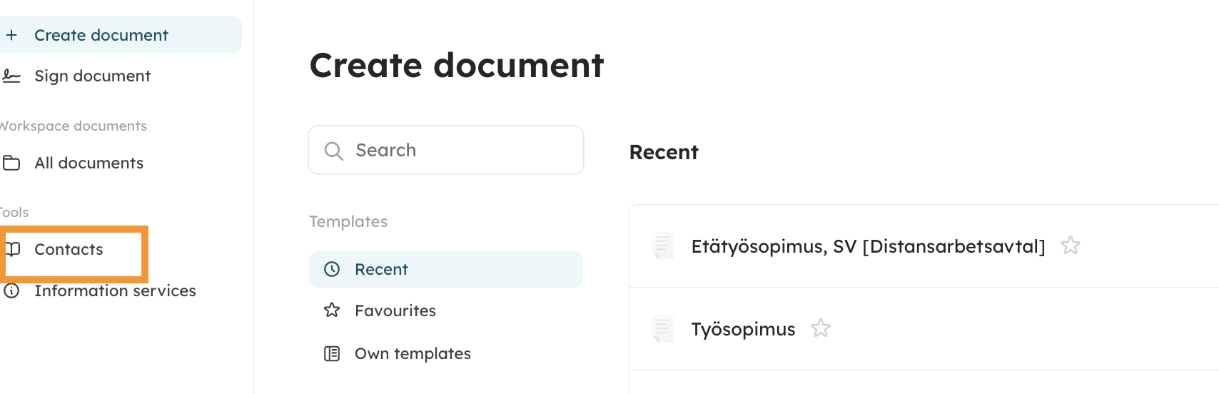 Screenshot 1: The contacts-tool is a list of people and companies created and saved by the users of the account. It is a register of parties. You can view