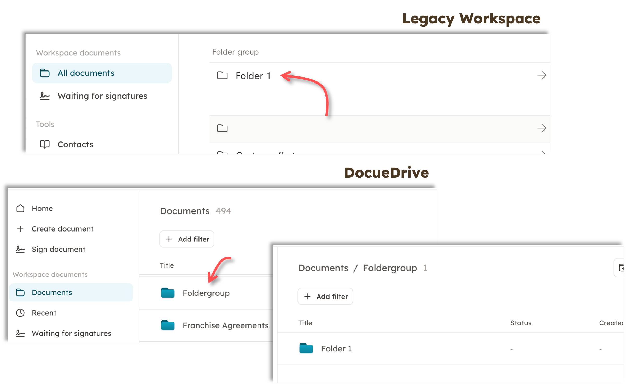 Screenshot 3: During the Docue Drive migration, the folder groups on the workspace become the workspace's folders, and the folders that were previously wi