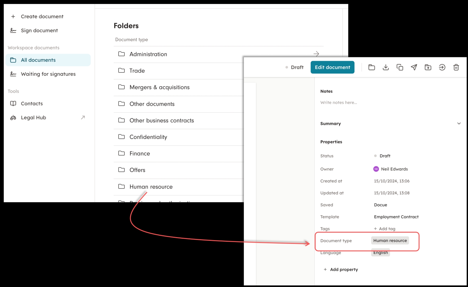 Screenshot 4: When the workspace is updated to Docue Drive, the folder groups "Document type" will no longer be folders, but "Properties".