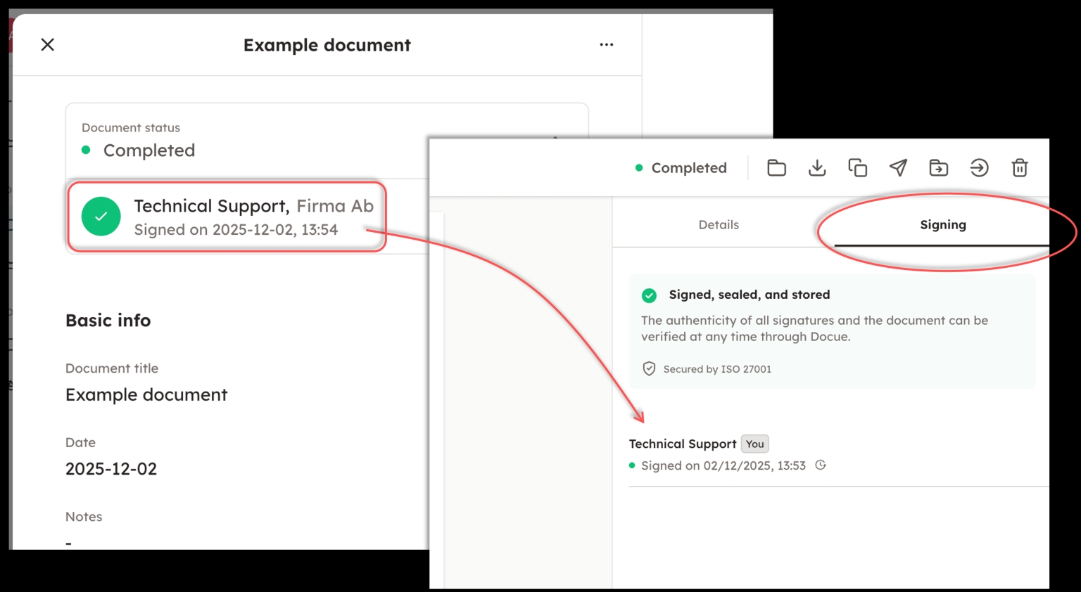 Screenshot 7: In Docue Drive, the signatory information is found on the right side of the PDF view under "Signing." From this view, you can check when the
