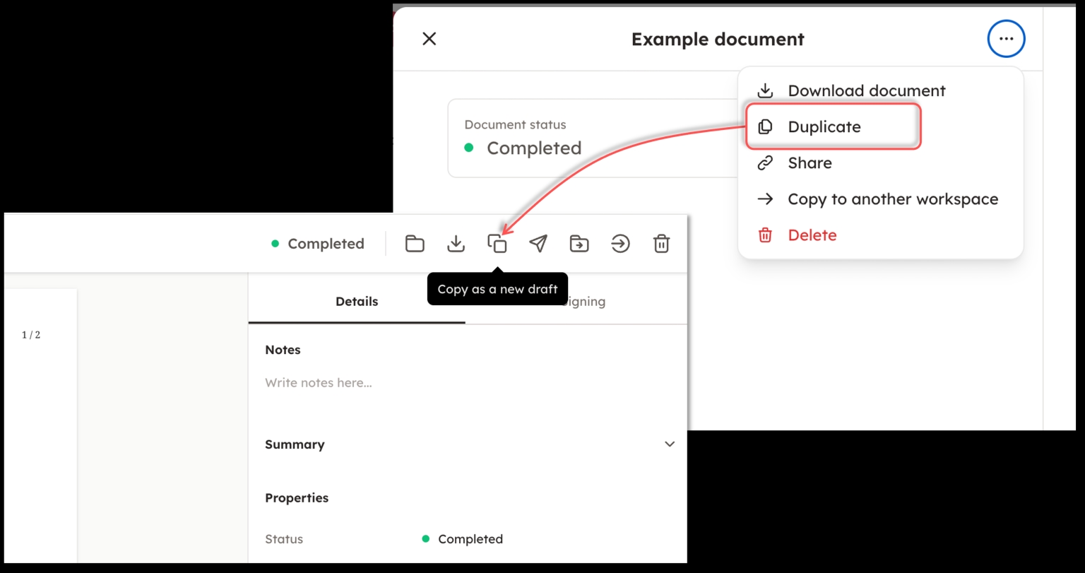 Screenshot 9: In Docue Drive, a document can be duplicated under "Copy as a new draft." This is found in the top bar when you open the document.