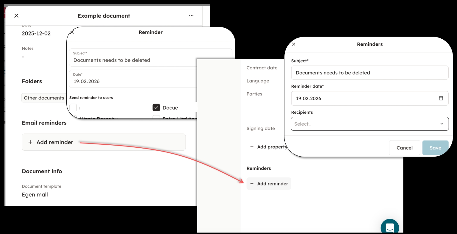 Screenshot 10: In Docue Drive, reminders can be set within the document information, under "Permissions".