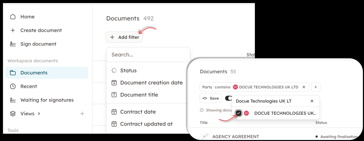 Screenshot 13: In the legacy archive, documents could be filtered based on the document status. Docue Drive introduces several other filters that can be ut