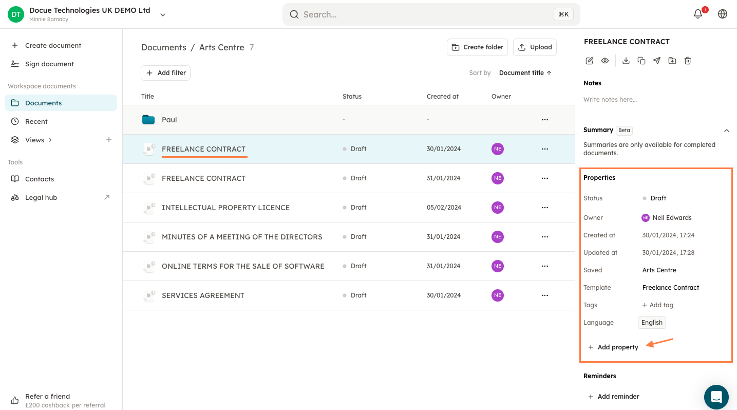 Screenshot 1: With metadata, you can filter documents in different views that all users of the account can use. For example, by adding metadata, you can f