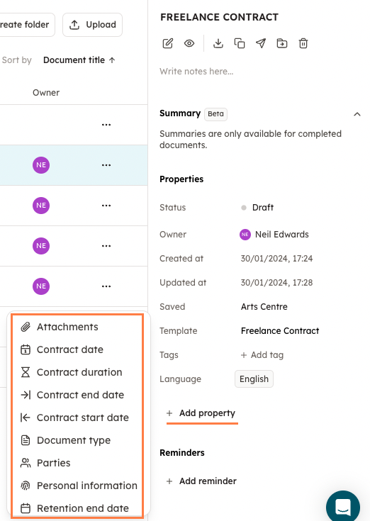 Screenshot 3: It is possible to add metadata by opening the menu via the "+Add property" button. It is worth adding additional metadata if you need to sea