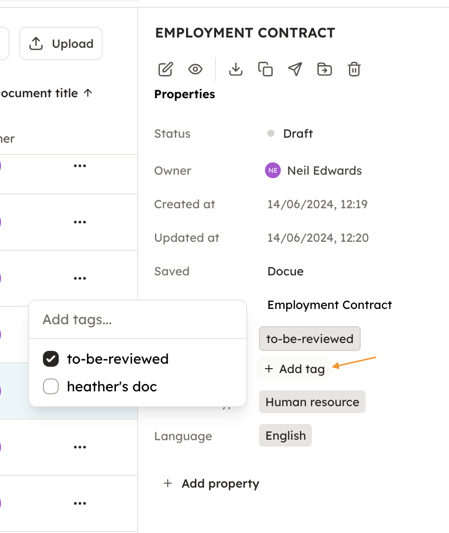 Screenshot 4: There are a couple of ways to add tags. If you need to add a tag to an individual document, you can do that by opening the document card and