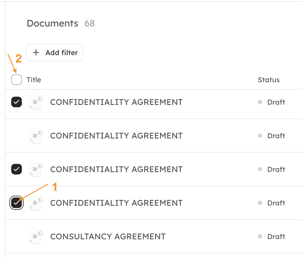 Screenshot 5: You can either select the documents you want individually by clicking on the box next to the document name (1). Or you can click on the box 