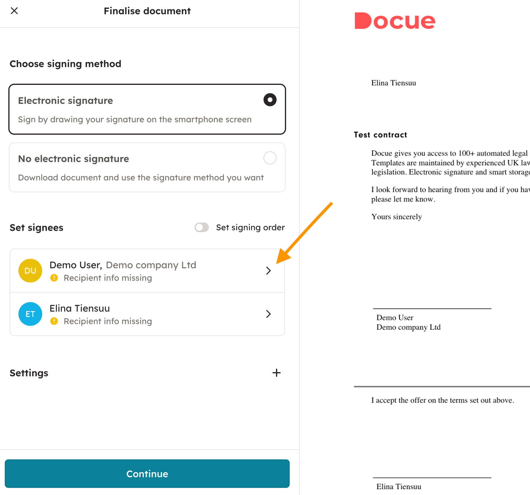 Screenshot 3: 3. Once you've chosen your signature method, you can set the signing order and edit any of your signee's information by clicking on the name