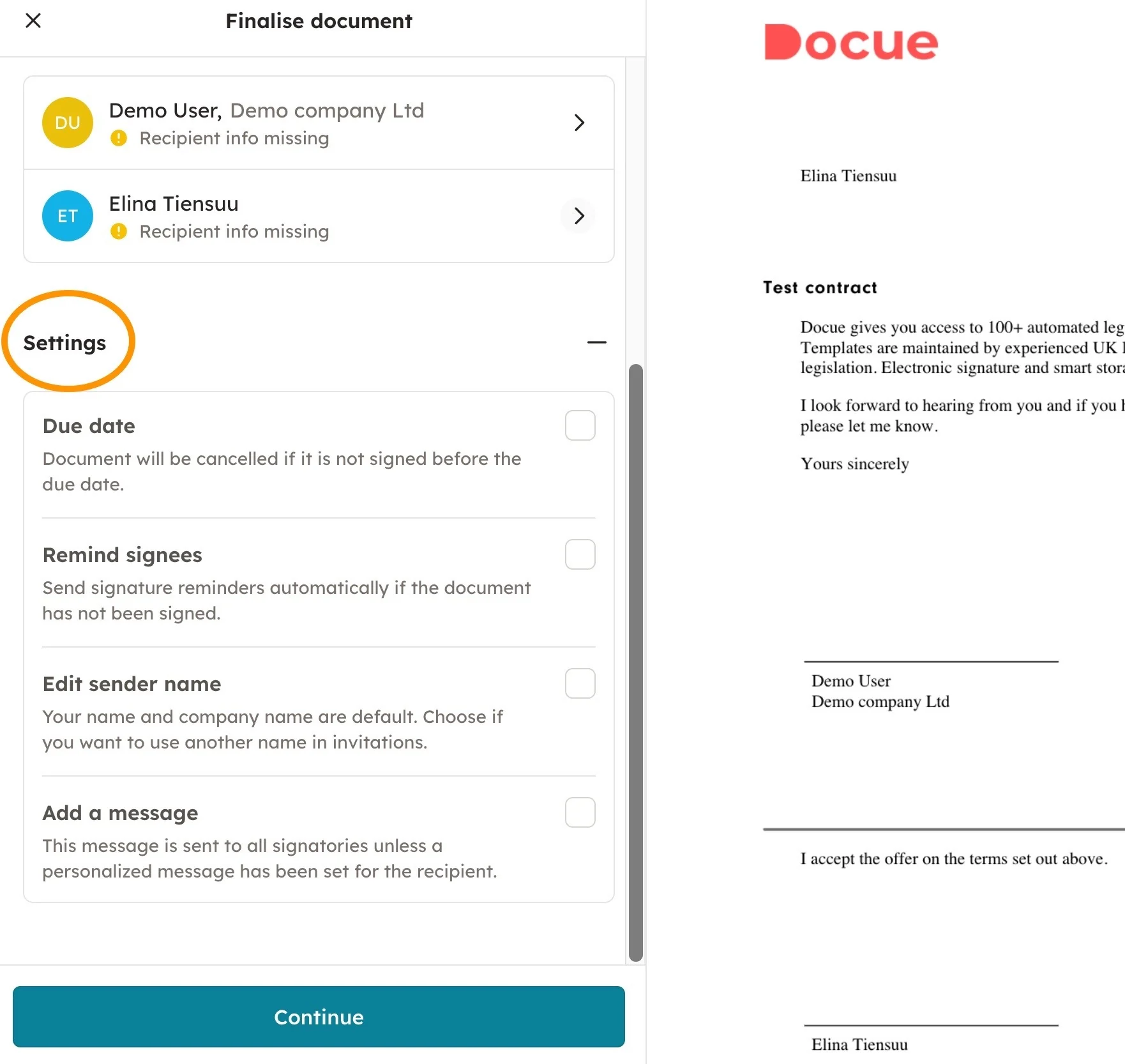 Screenshot 5: You can also edit sender name and company, and add a personalized message which will be send to all signatories unless a personalized messag