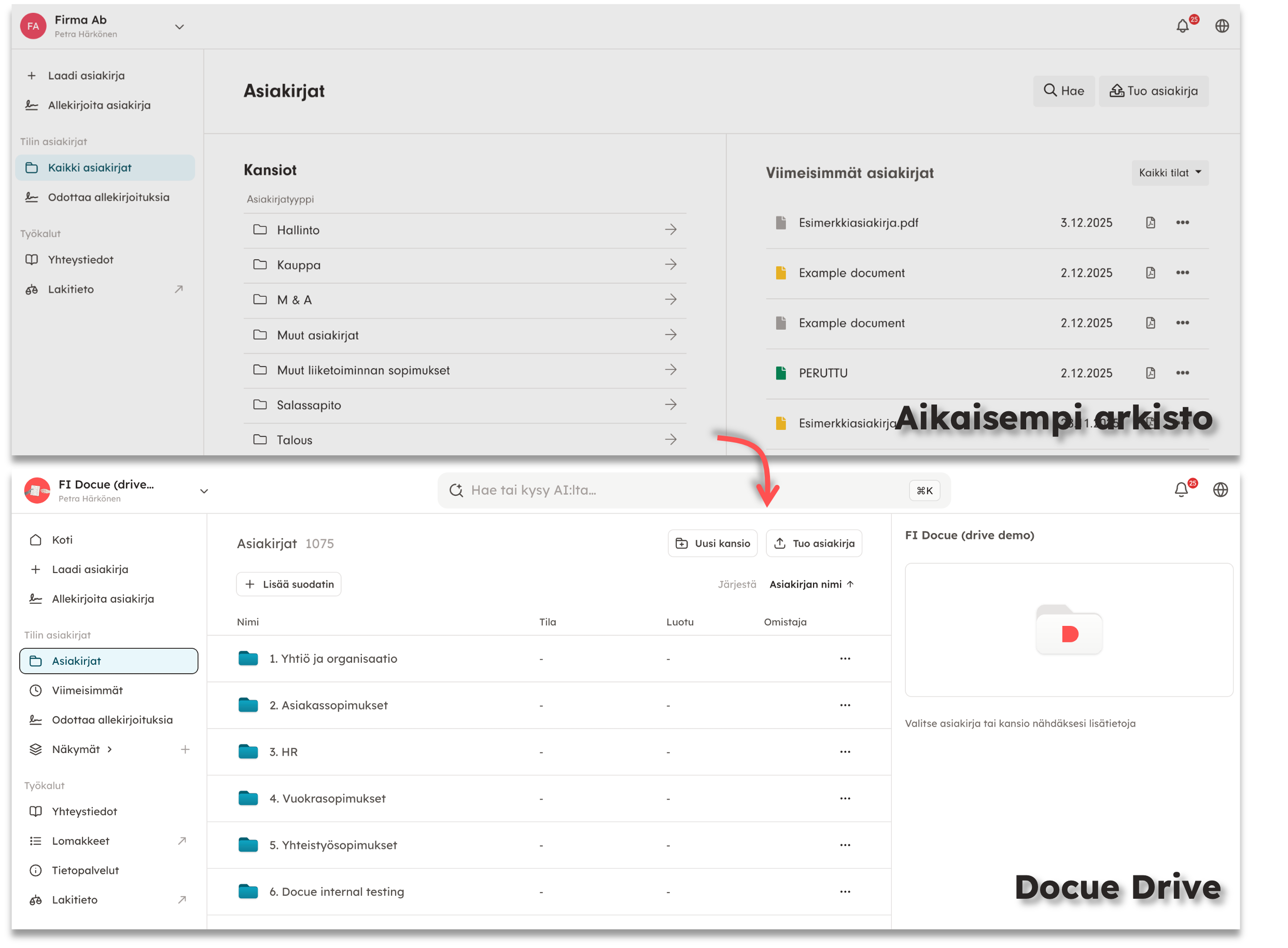 Kuvakaappaus 1: Aikaisempaa arkistoa on paranneltu ja monia asiakkaidemme toivomia ominaisuuksia on tuotu uuden version, Docue Driven, pariin!