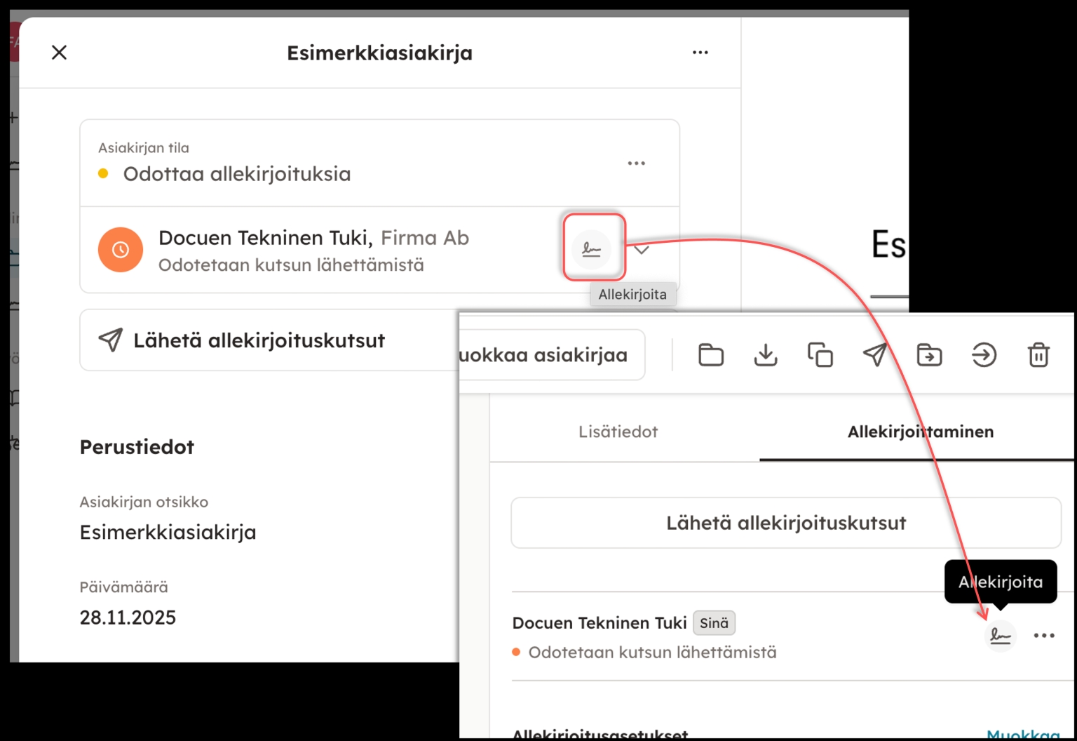 Kuvakaappaus 8: DocueDrivessa allekirjoittajan tiedot löytyvät pdf-näkymästä oikealta kohdasta "Allekirjoittaminen". Tästä näkymästä pääset tarkistamaan, mi