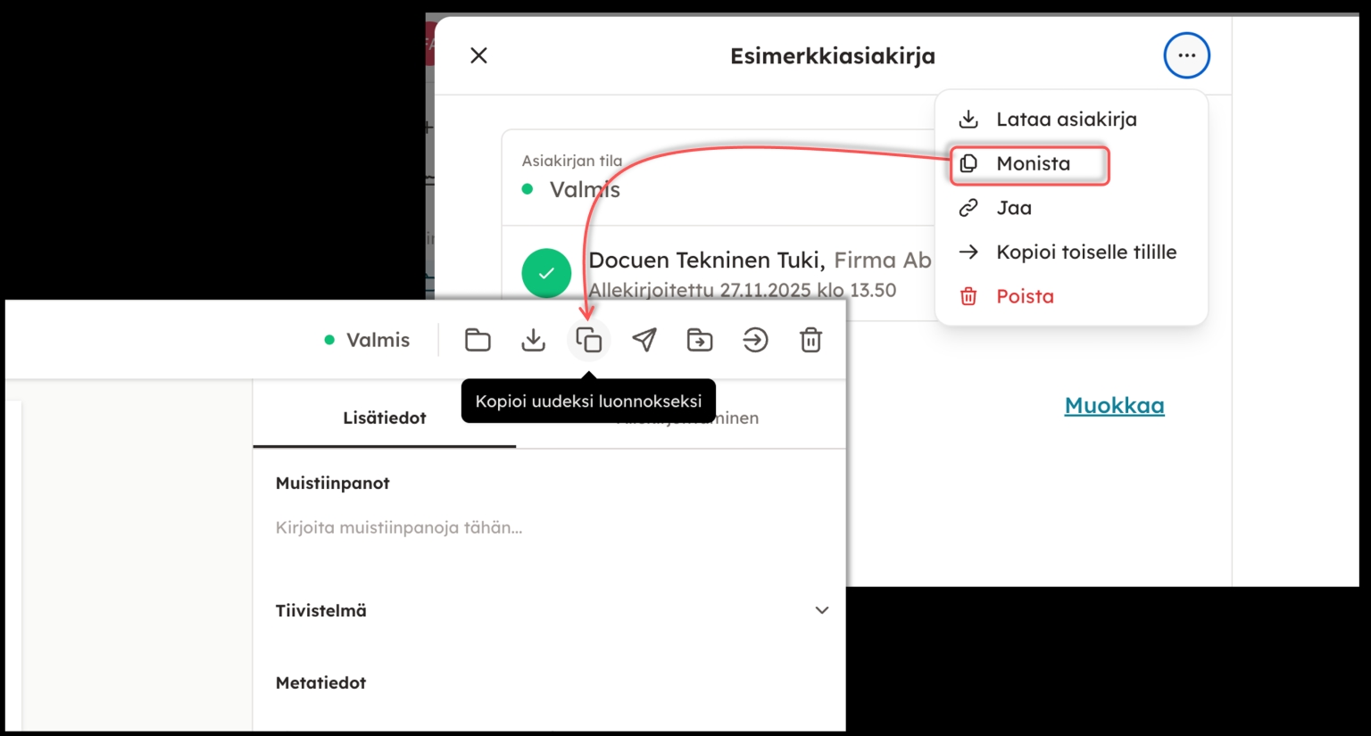 Kuvakaappaus 9: DocueDrivessa asiakirjan saa monistettua kohdasta "Kopioi uudeksi luonnokseksi". Tämä löytyy yläpalkista kun avaat asiakirjan.