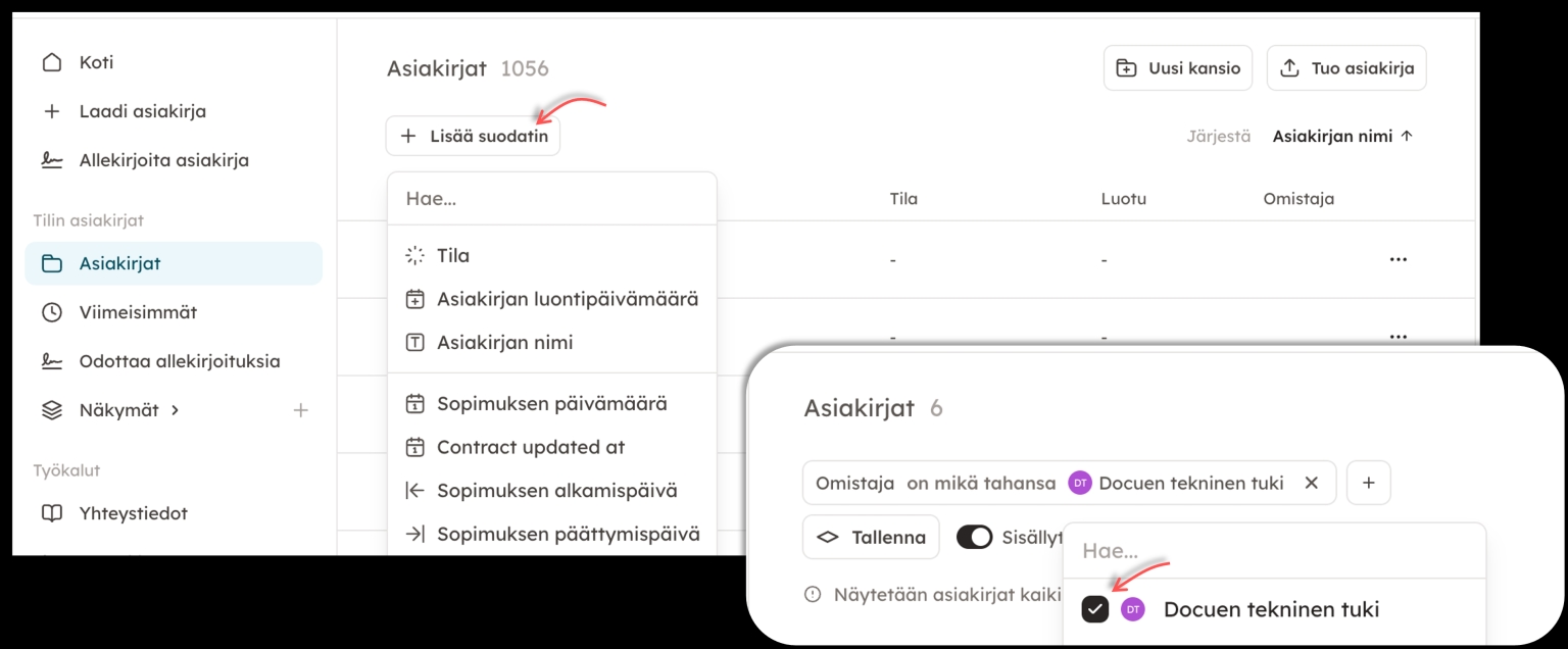 Kuvakaappaus 13: Suodattimet löytyvät "Asiakirjat" osion yläpalkista.