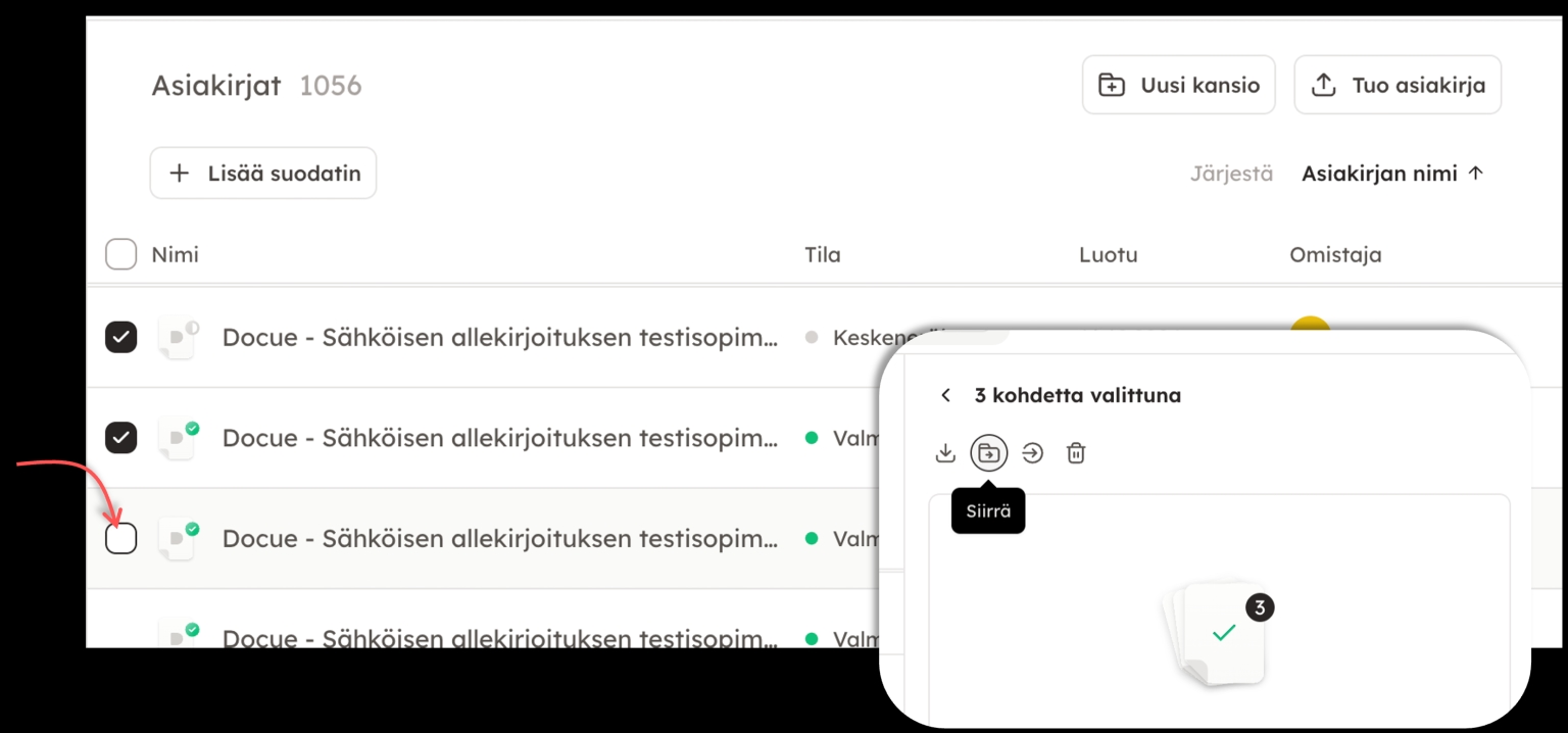 Kuvakaappaus 14: DocueDrivessa asiakirjoja pystyy valita useita samanaikaisesti. Tämä mahdollistaa asiakirjojen lataamisen, siirron ja poistamisen massana. N