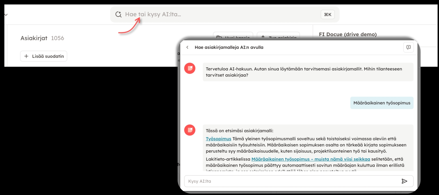 Kuvakaappaus 15: AI-vastaukset perustuvat Docuen juristien kouluttamaan aineistoon ja koskevat vain yleisiä asiakirjamalleja. On hyvä huomata, että vastauksi